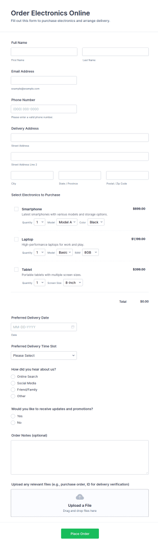 Order Electronics Online Form Template