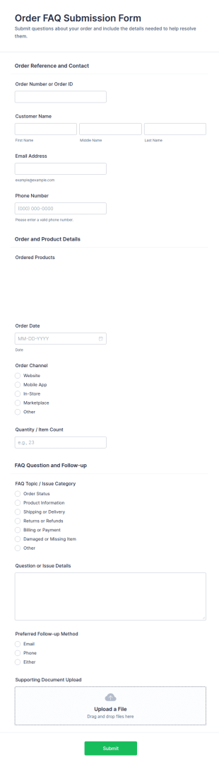 Order FAQ Submission Form Template