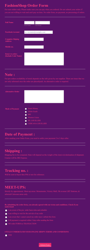 Fashion Order Form Template