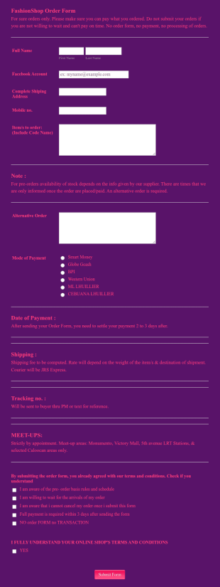 Fashion Order Form Template