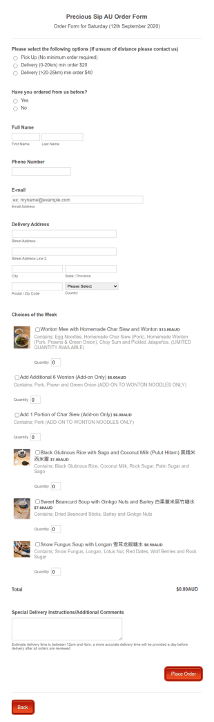 Order Form F&B