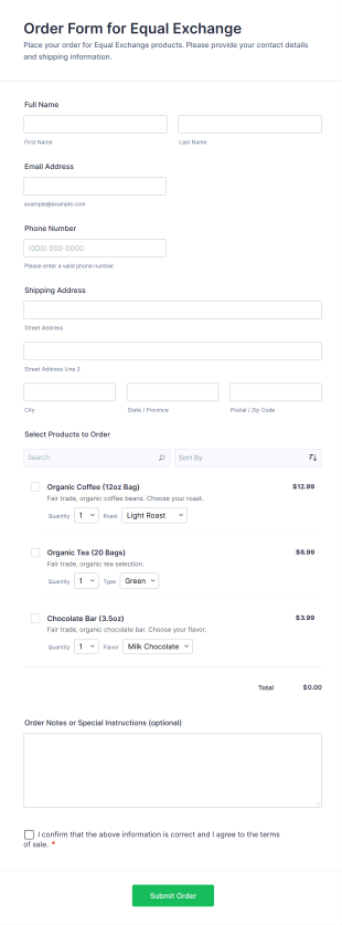 Order Form For Equal Exchange