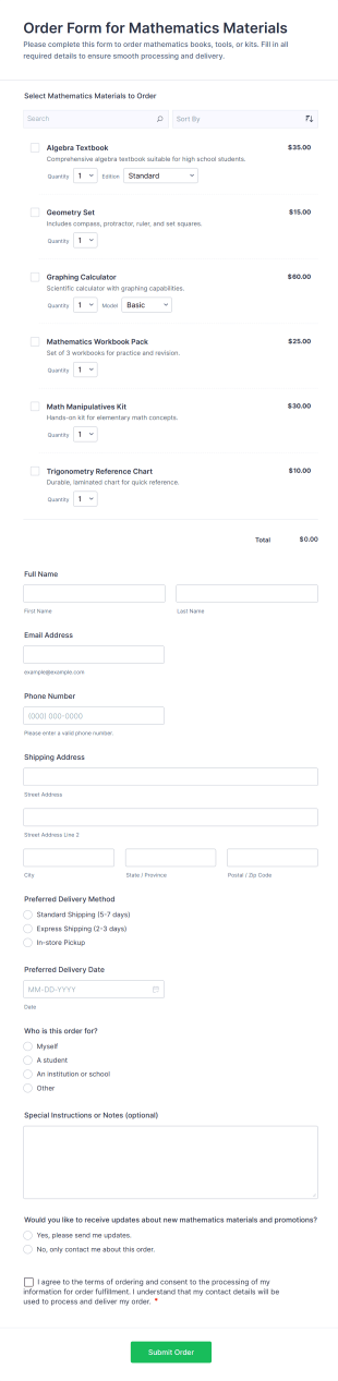 Order Form For Mathematics Materials Form Template