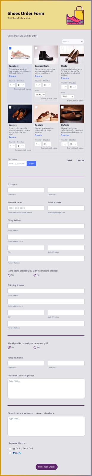 Shoes Order Form Template