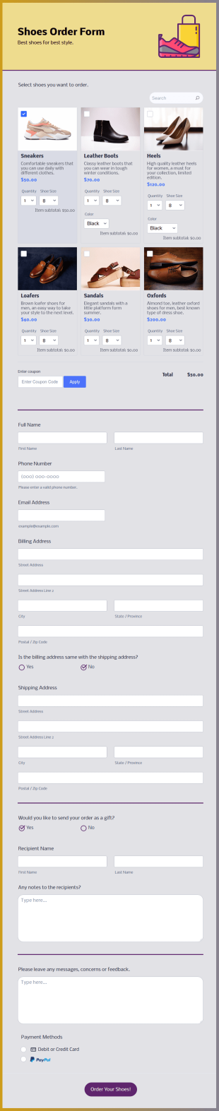 Shoes Order Form Template