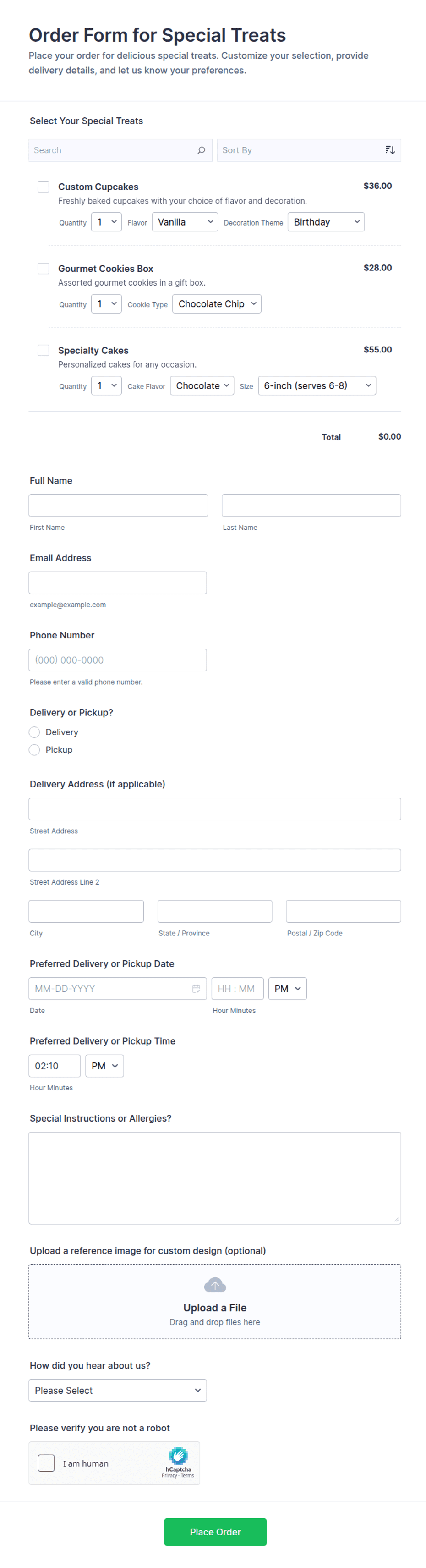 Order Form for Special Treats | Jotform