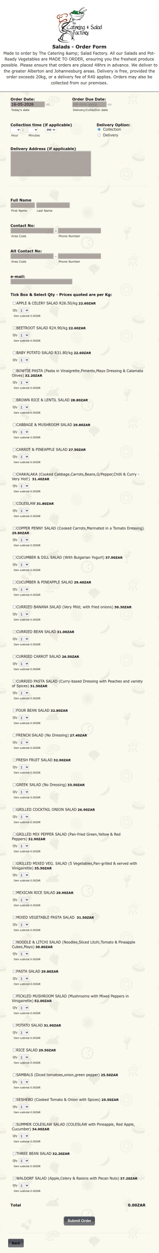 Salads Order Form Template