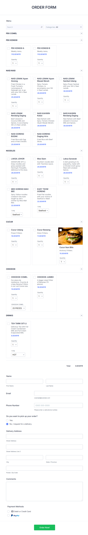 Malaysian Cuisine Order Form Template