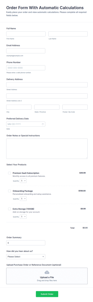 Order Form With Automatic Calculations