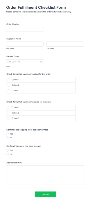 Order Fulfillment Checklist Form Template