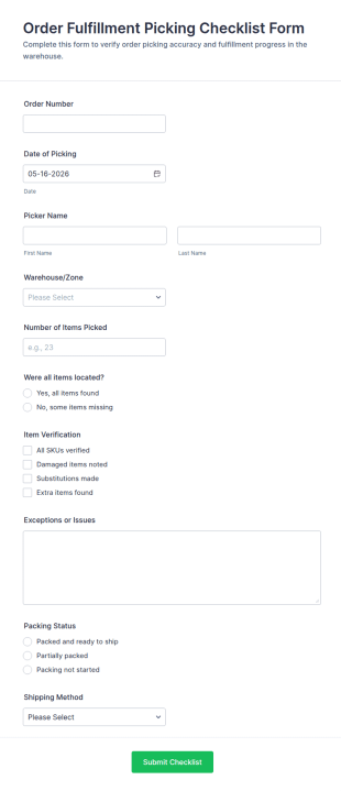 Order Fulfillment Picking Checklist Form Template