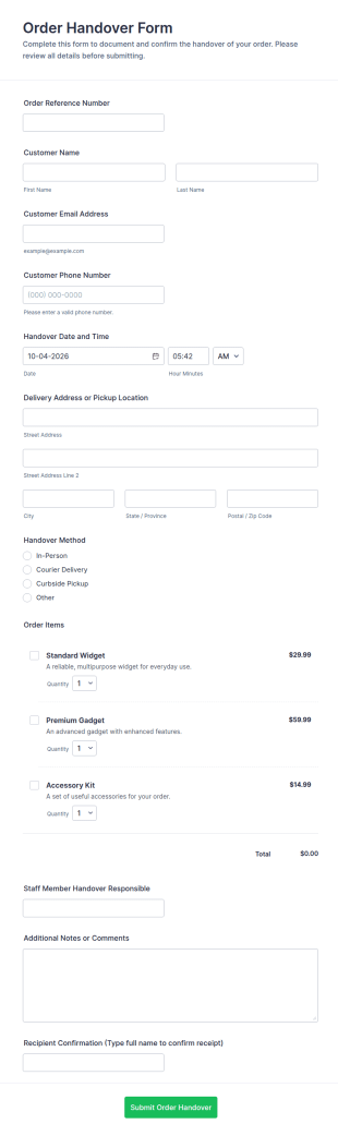 Order Handover Form Template