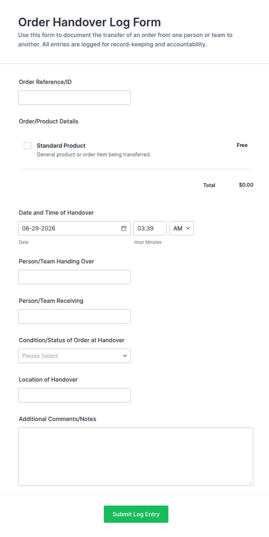 Order Handover Log Form Template | Jotform
