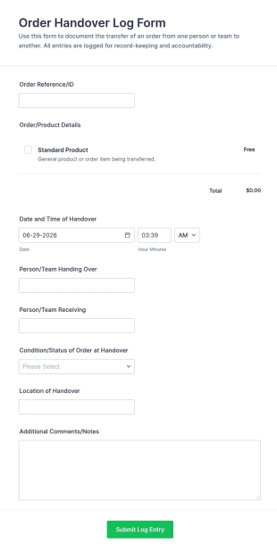 Order Handover Log Form Template