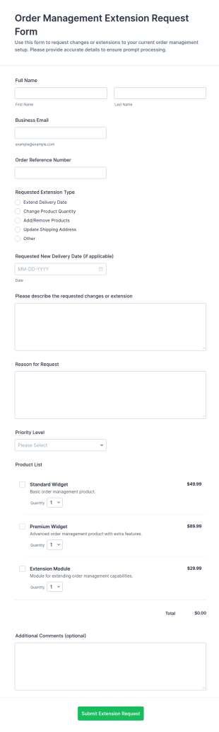 Order Management Extension Request Form Template