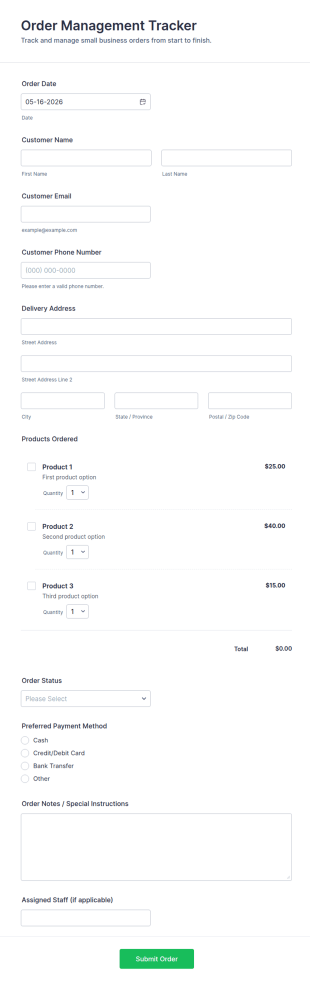 Small Business Order Management Tracker Form Template