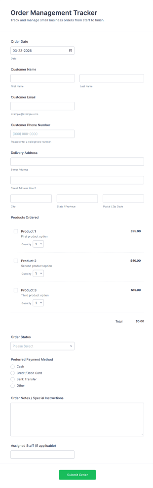 Order Management Tracker Form Template
