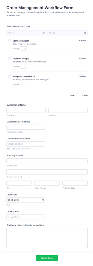 Order Management Workflow Form Template