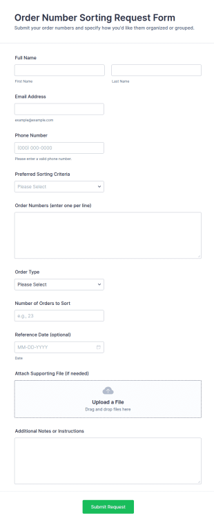 Order Number Sorting Request Form Template