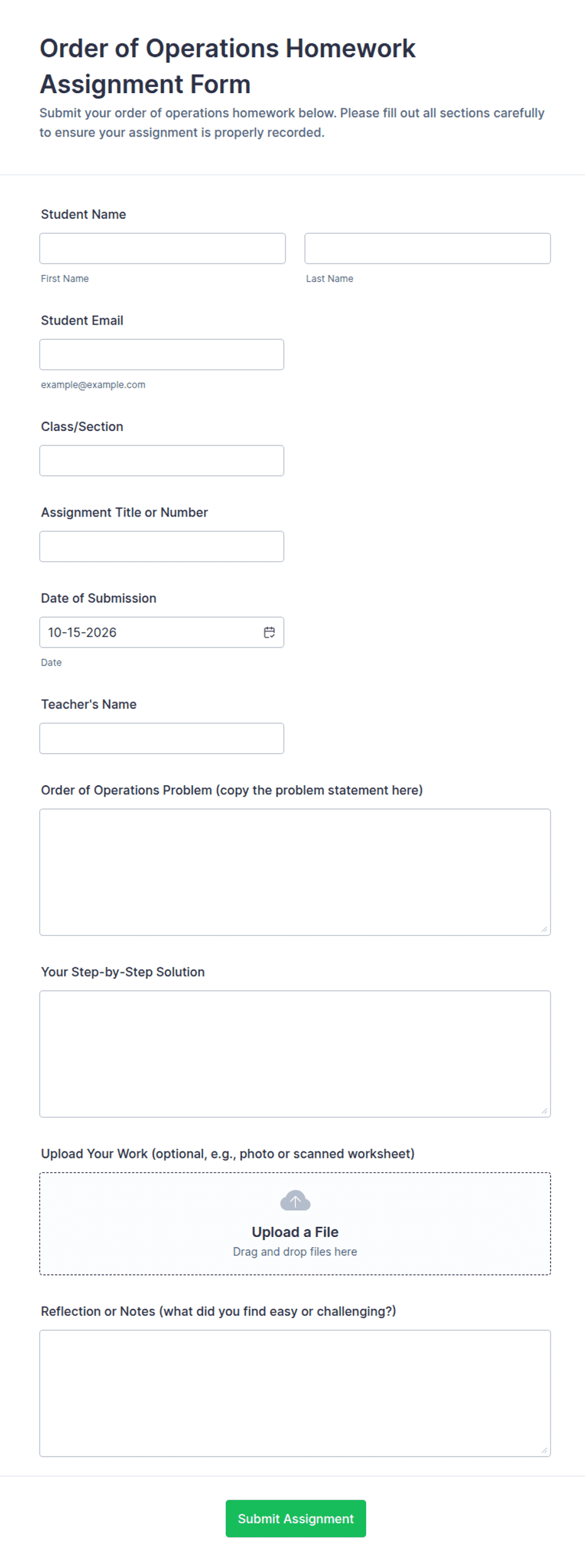 Order of Operations Homework Assignment Form Template | Jotform
