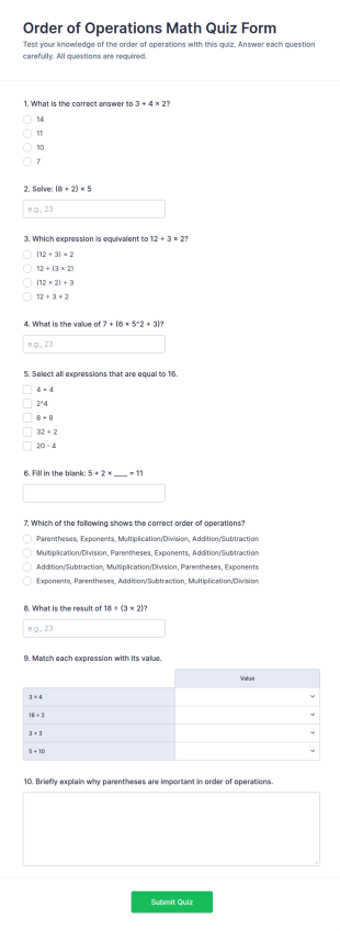 Order Of Operations Math Quiz Form Template