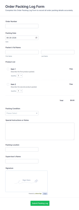 Order Packing Log Form Template