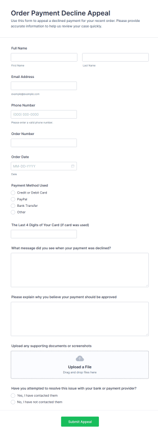 Order Payment Decline Appeal Form Template