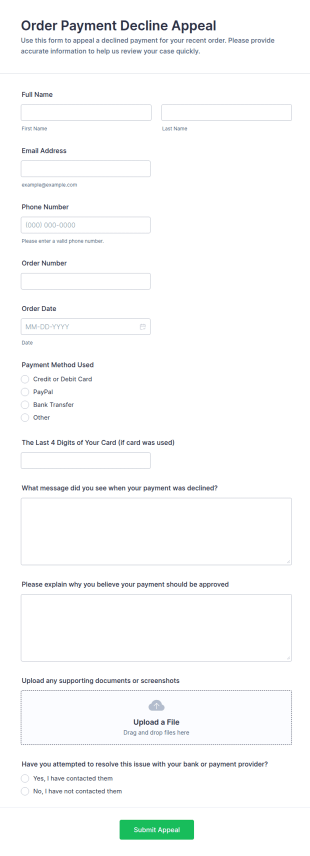Order Payment Decline Appeal Form Template
