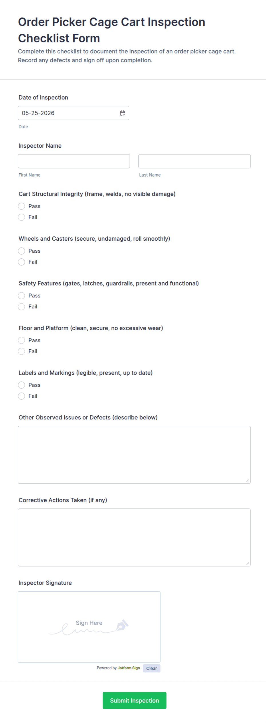 Order Picker Cage Cart Inspection Checklist Form Template | Jotform
