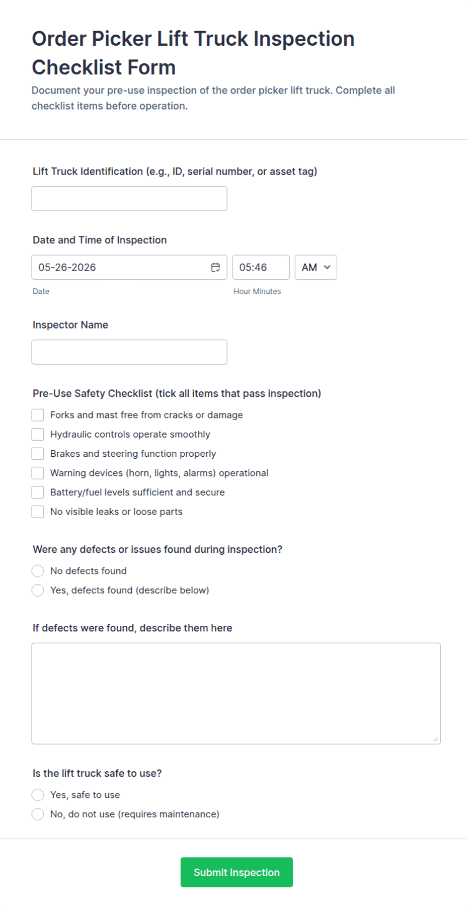 Order Picker Lift Truck Inspection Checklist Form Template | Jotform