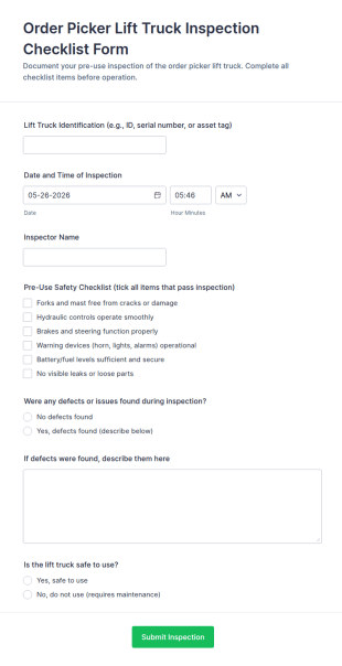 Order Picker Lift Truck Inspection Checklist Form Template