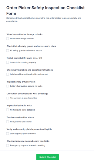 Order Picker Safety Inspection Checklist Form Template