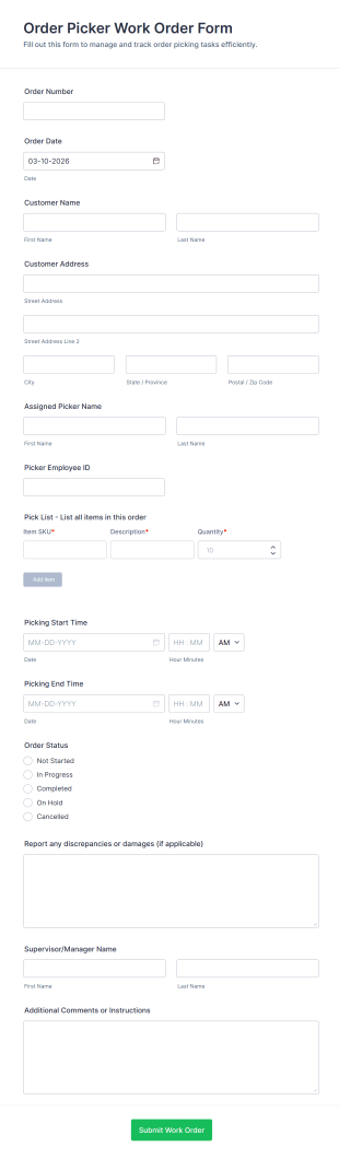 Order Picker Work Order Form Template