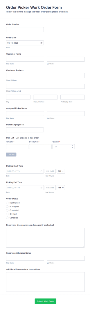 Order Picker Work Order Form Template