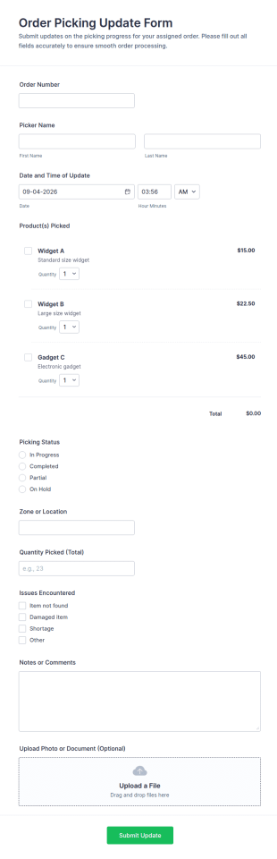Order Picking Update Form Template