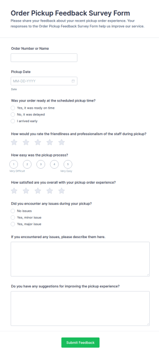 Order Pickup Feedback Survey Form Template