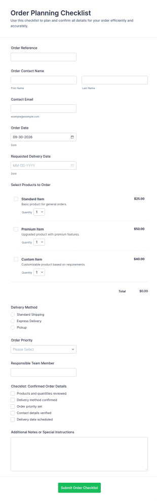 Order Planning Checklist Form Template