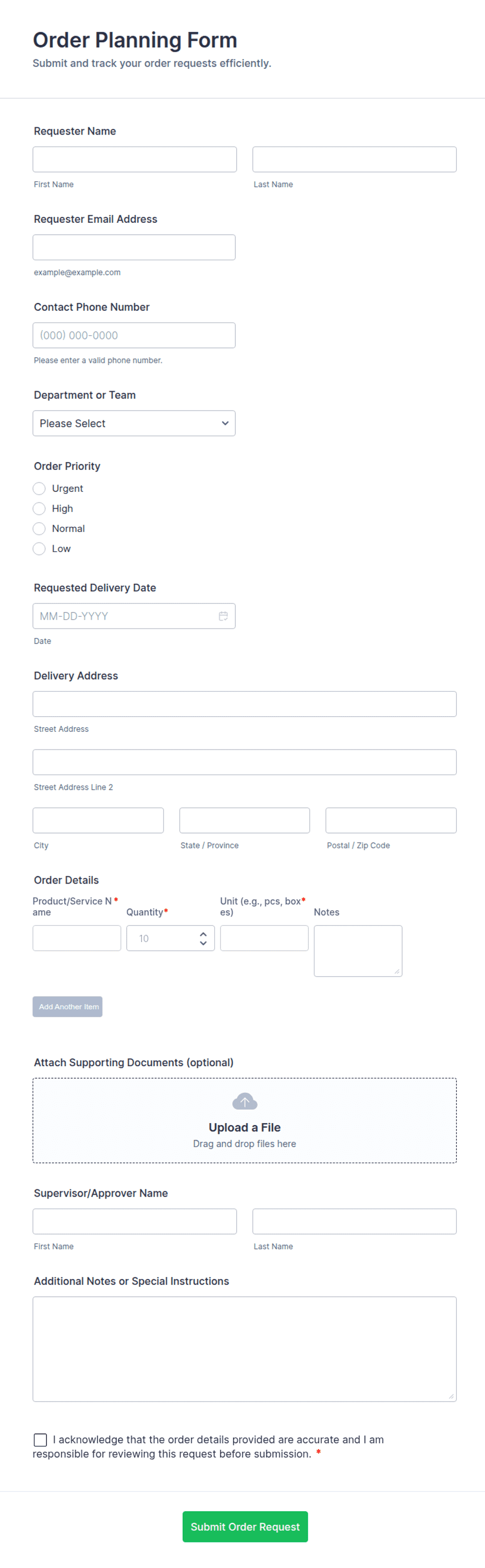 Order Planning Form Template | Jotform
