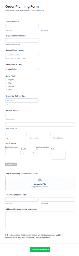 Order Planning Form Template
