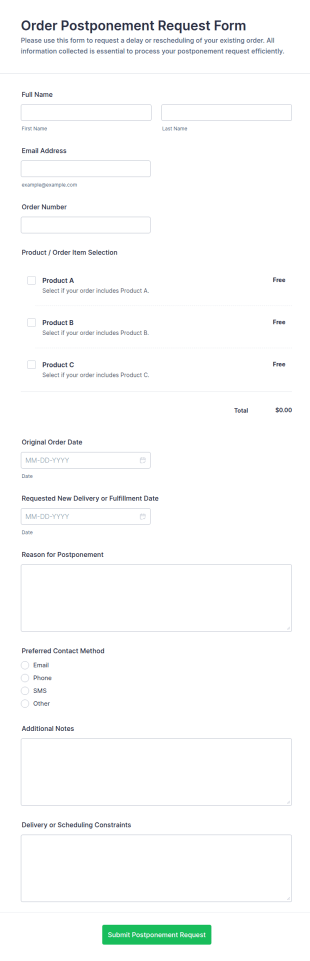 Order Postponement Request Form Template