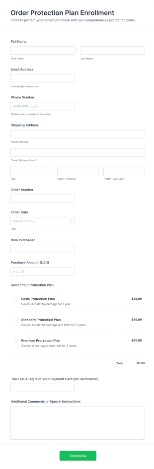 Order Protection Plan Enrollment Form Template