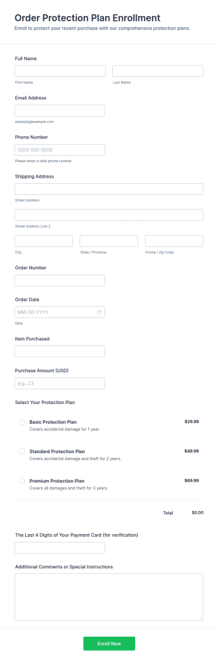 Order Protection Plan Enrollment Form Template