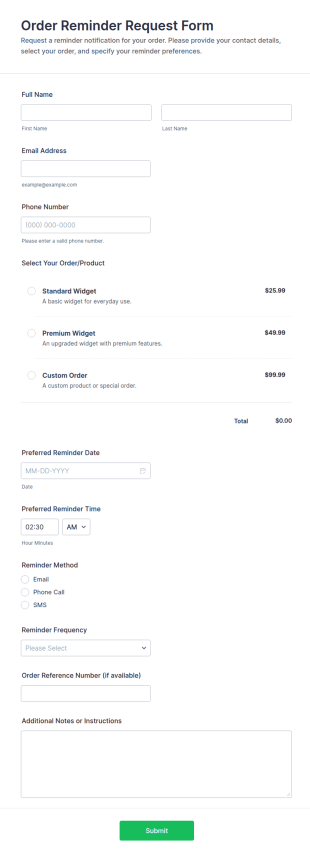 Order Reminder Request Form Template