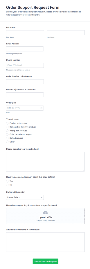 Order Support Request Form Template