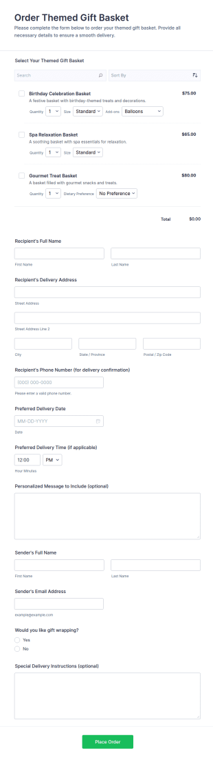 Themed Gift Basket Order Form Template