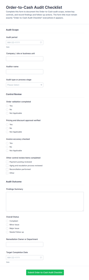 Order To Cash Audit Checklist Form Template