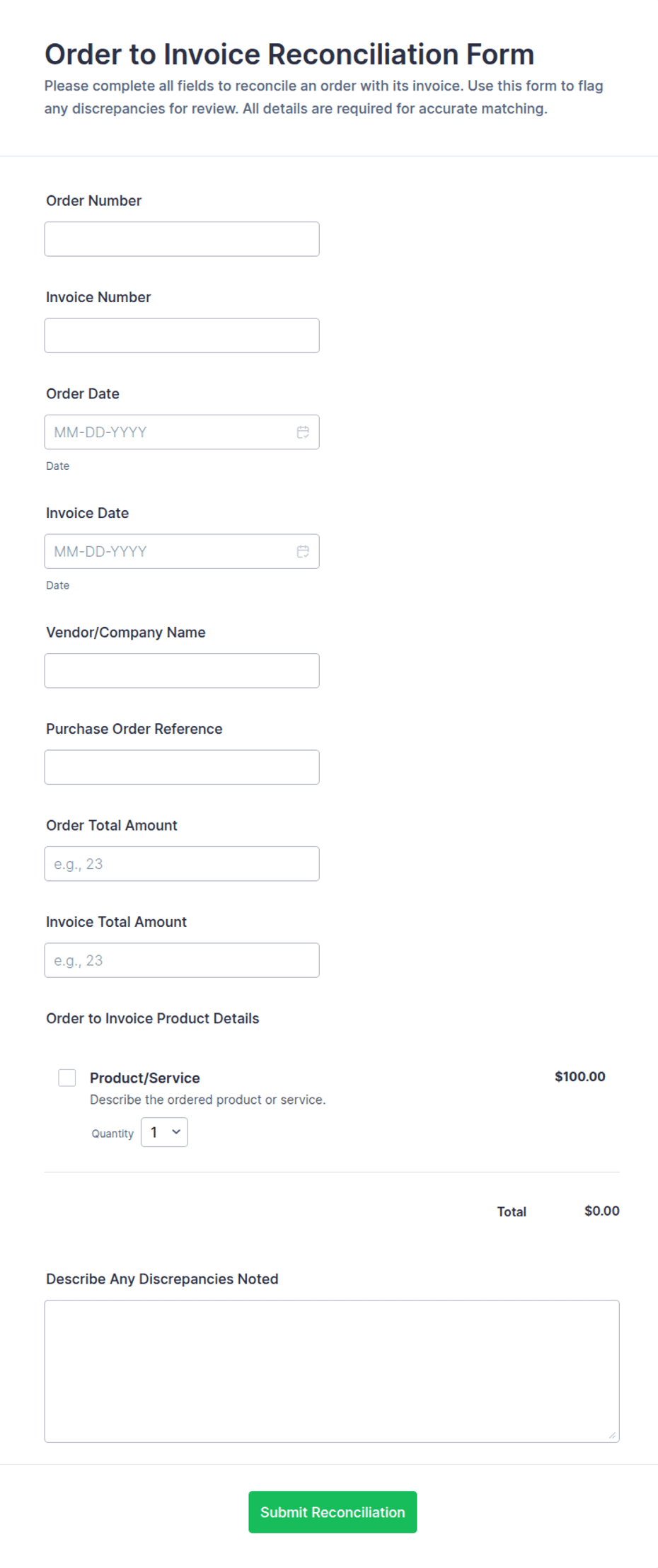 Order to Invoice Reconciliation Form Template | Jotform