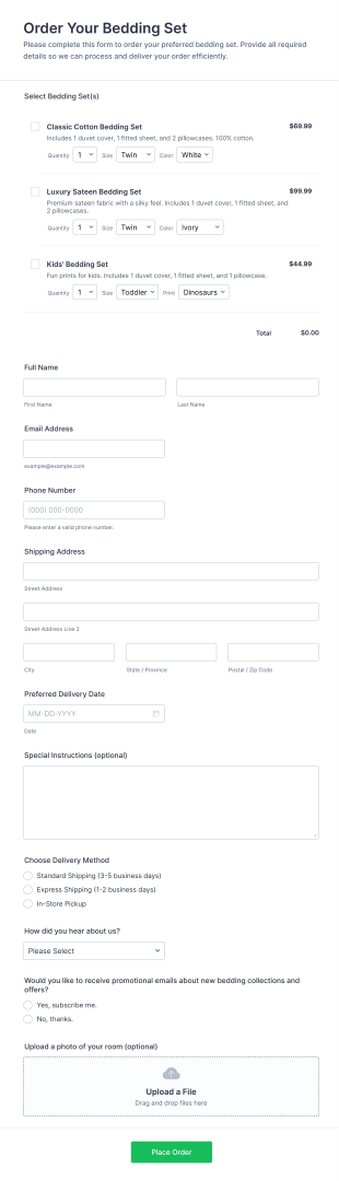 Order Your Bedding Set Form Template