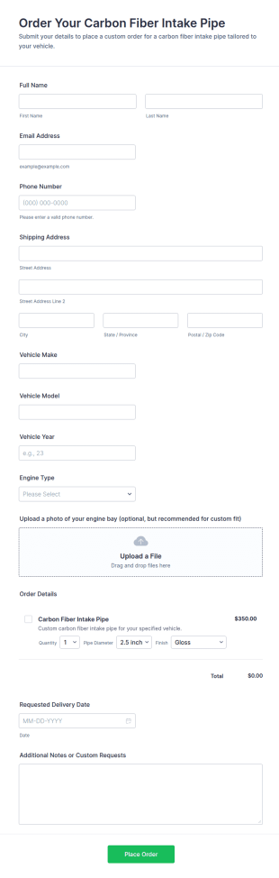Carbon Fiber Intake Pipe Order Form Template