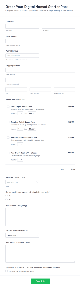 Order Your Digital Nomad Starter Pack Form Template